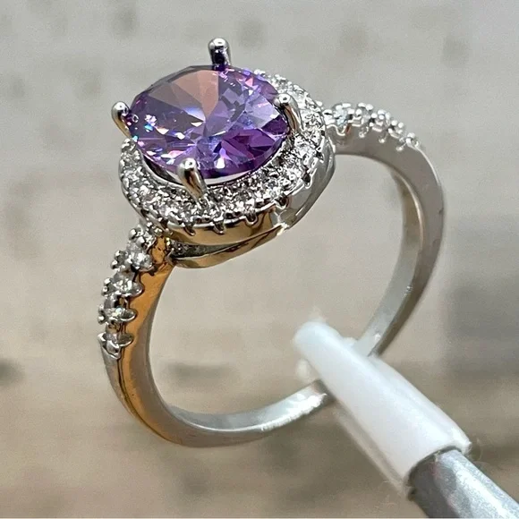 Beautiful Statement Oval Cut Halo Purple Amethyst Diamond CZ Silver Plated Ring